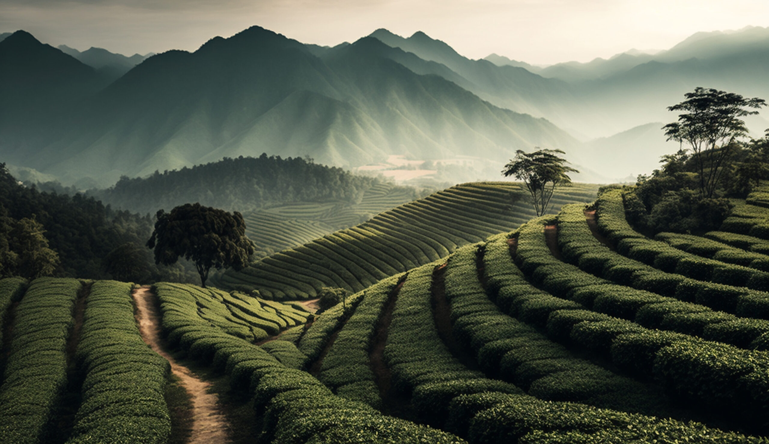 Rural farm scene terraced tea crop growth mountain backdrop generated by AI