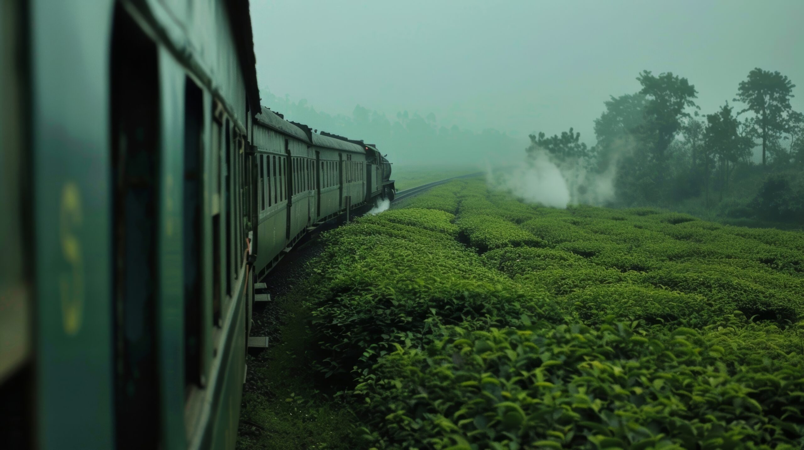 The soft chug of the train mingles with the peaceful rustling of tea leaves